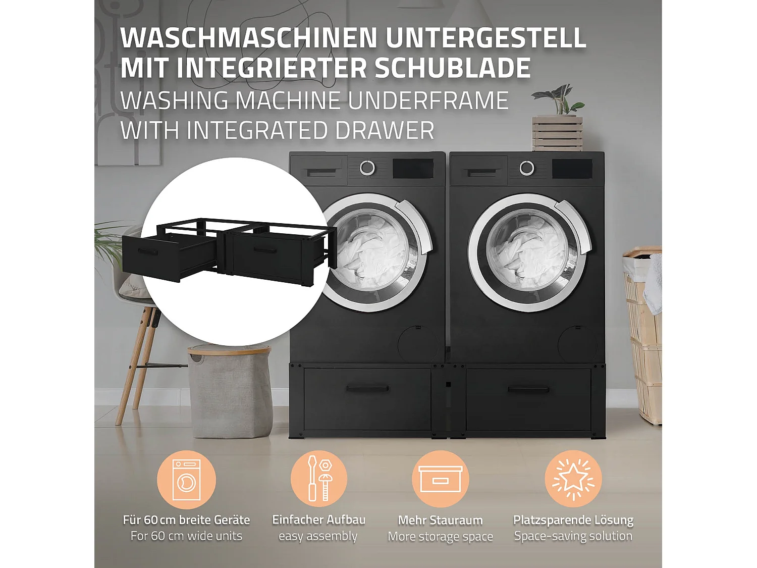 Socle machine à laver double avec tiroirs base sèche-linge noir ML-DESIGN