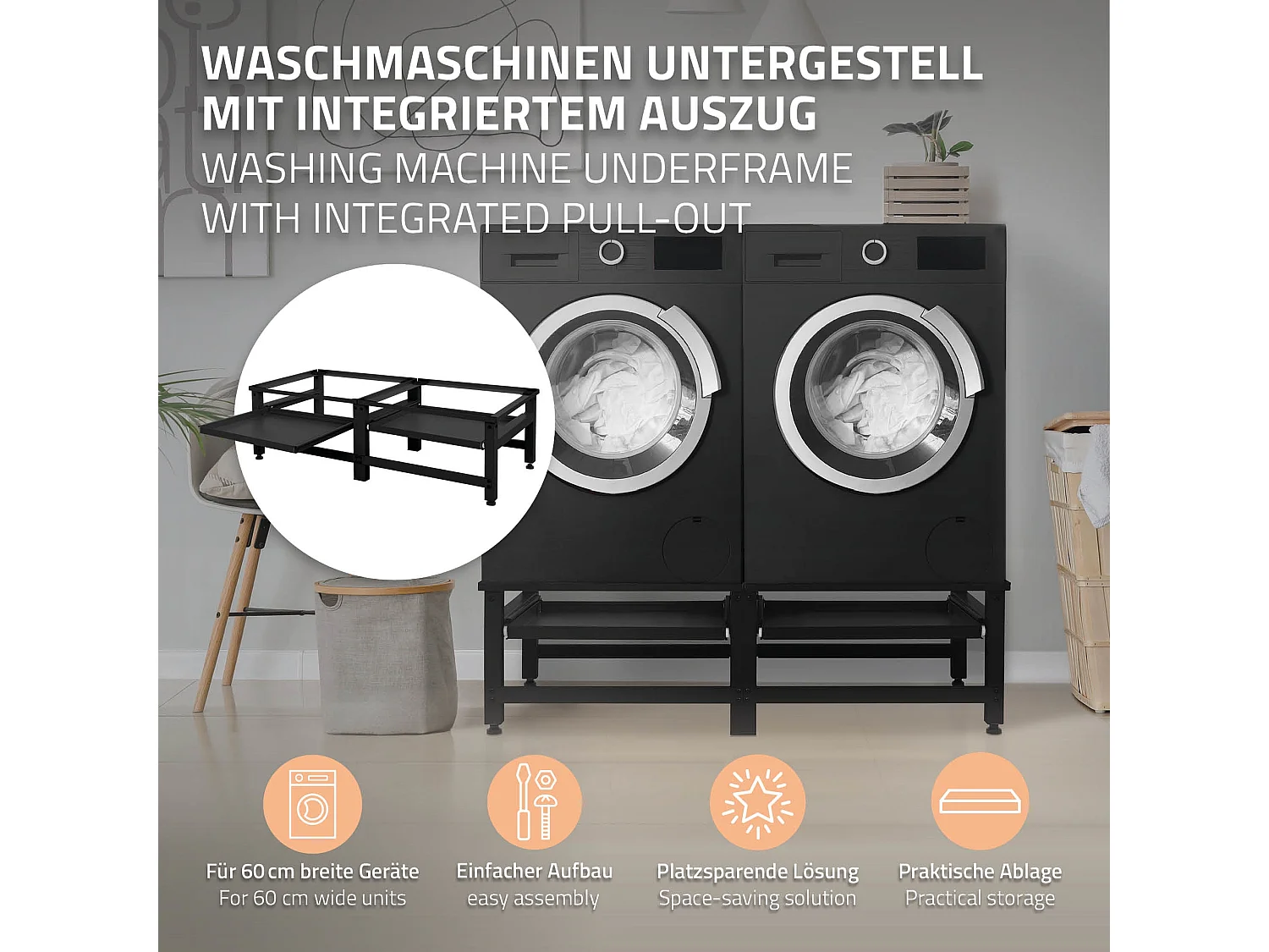 Socle machine à laver double avec étagère base sèche-linge noir ML-DESIGN