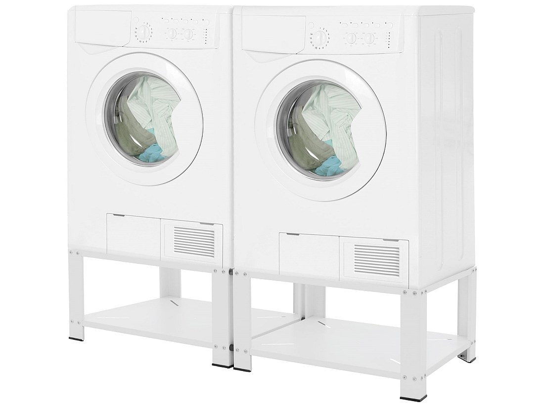 Socle Double Pour Machine à Laver Et Sèche-linge - Support 2 Compartiments - Charge Max 2x150 Kg - Hauteur 32 Cm - Acier Blanc