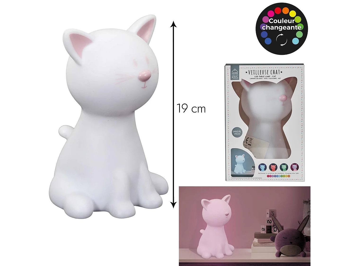 Lampe Veilleuse Enfant Led "Chat" 19cm Blanc