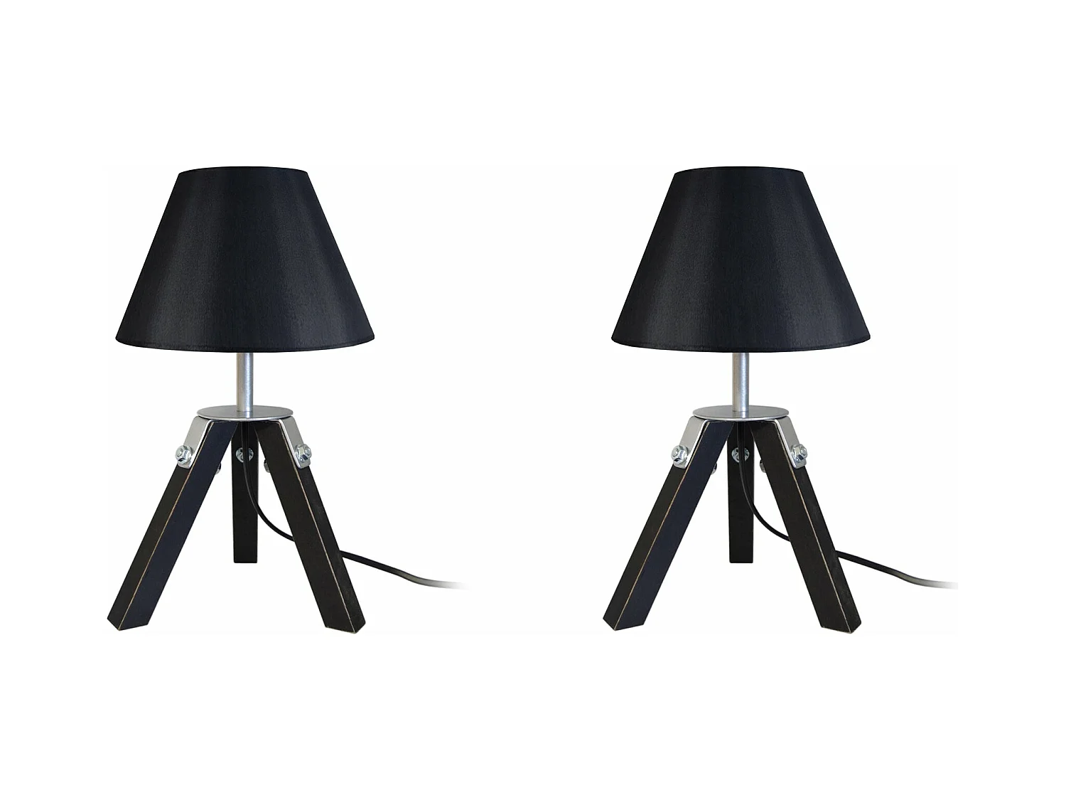 Pair de Lampes de chevet, trépied bois  naturel,aluminium,noir 30 cm.