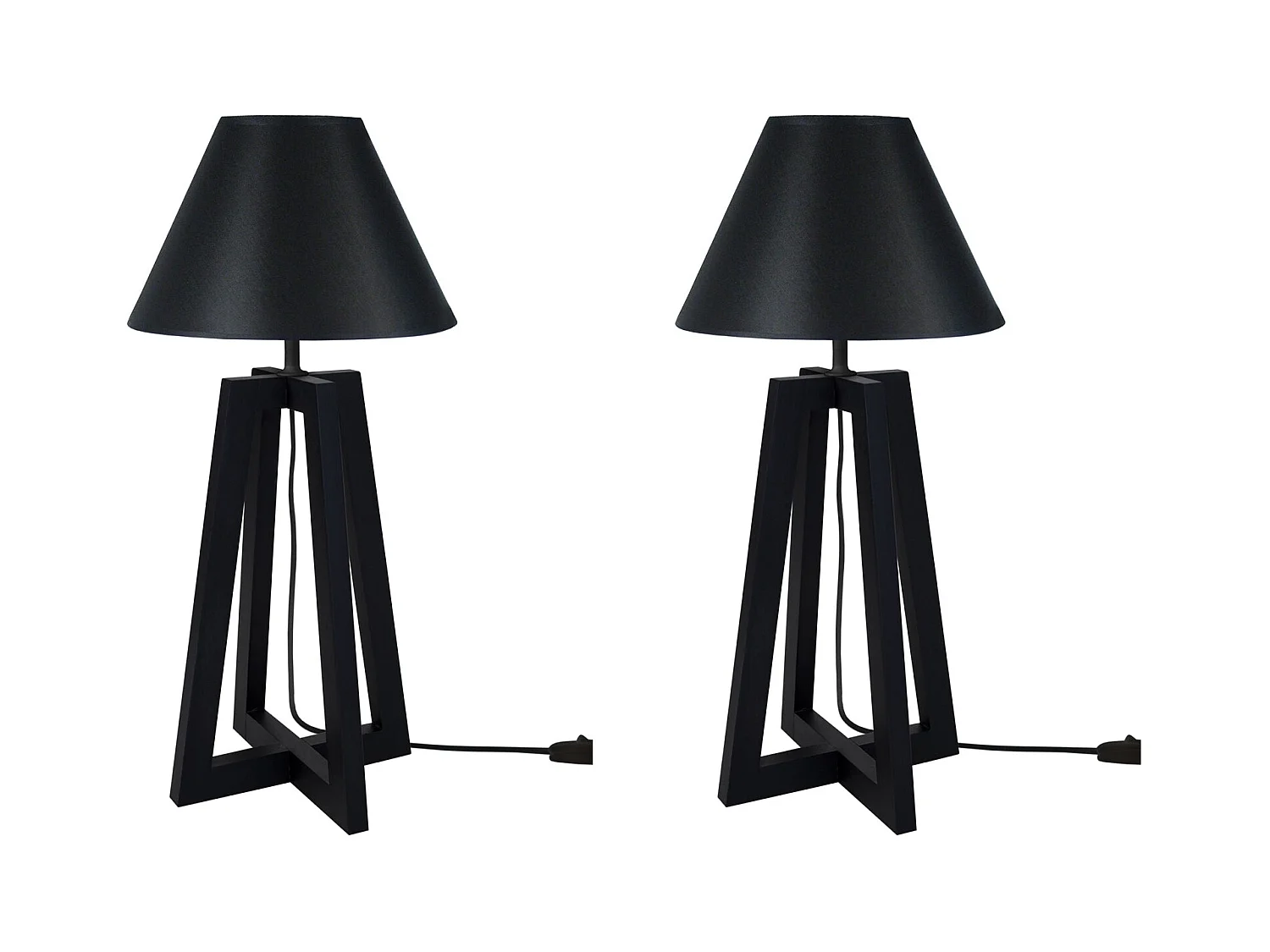 Pair de Lampes de chevet colonne bois  bois, cone noir 50 cm.