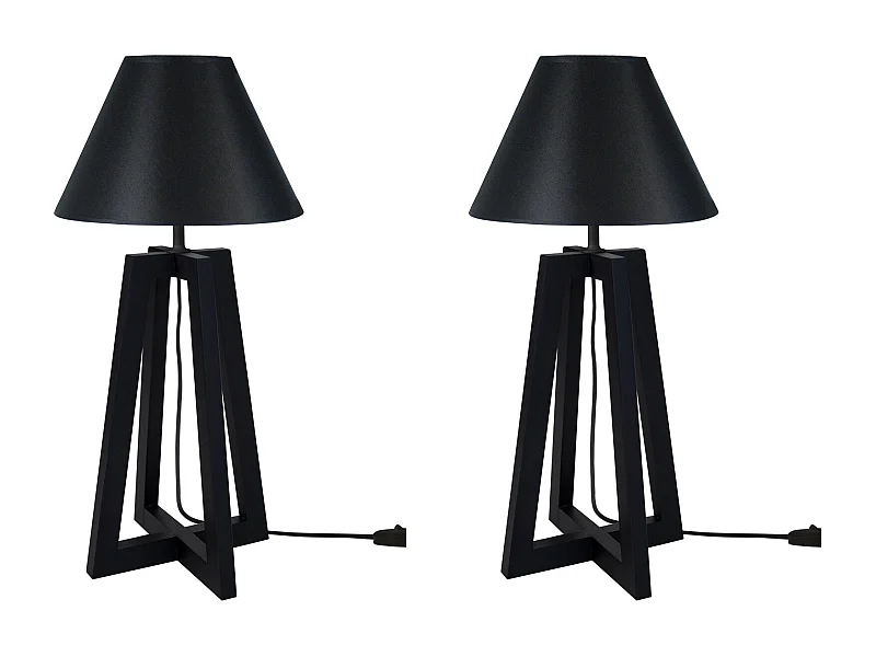 Pair de Lampes de chevet colonne bois  bois, cone noir 50 cm.