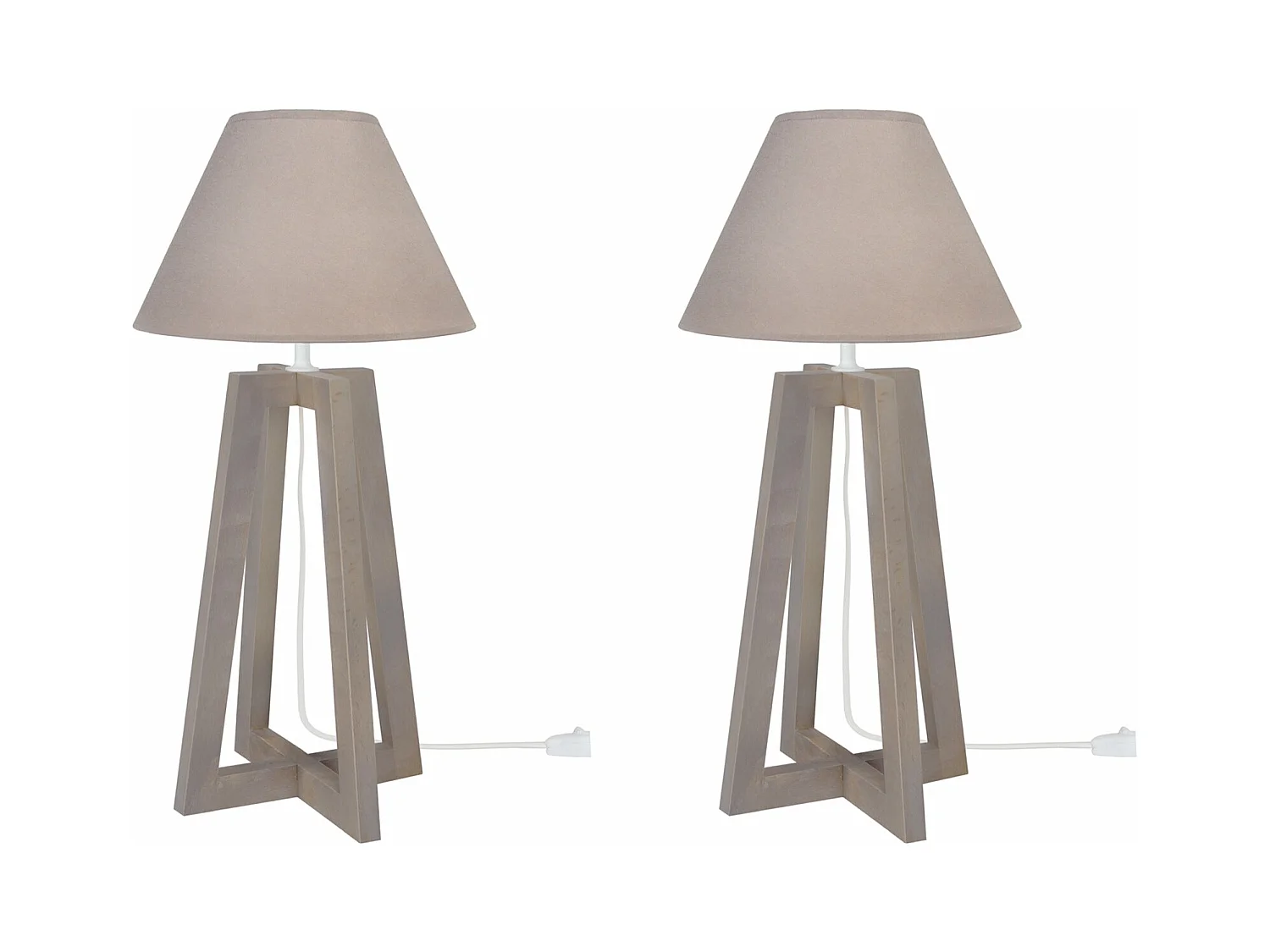 Pair de Lampes de chevet colonne bois cone taupe 50 cm.