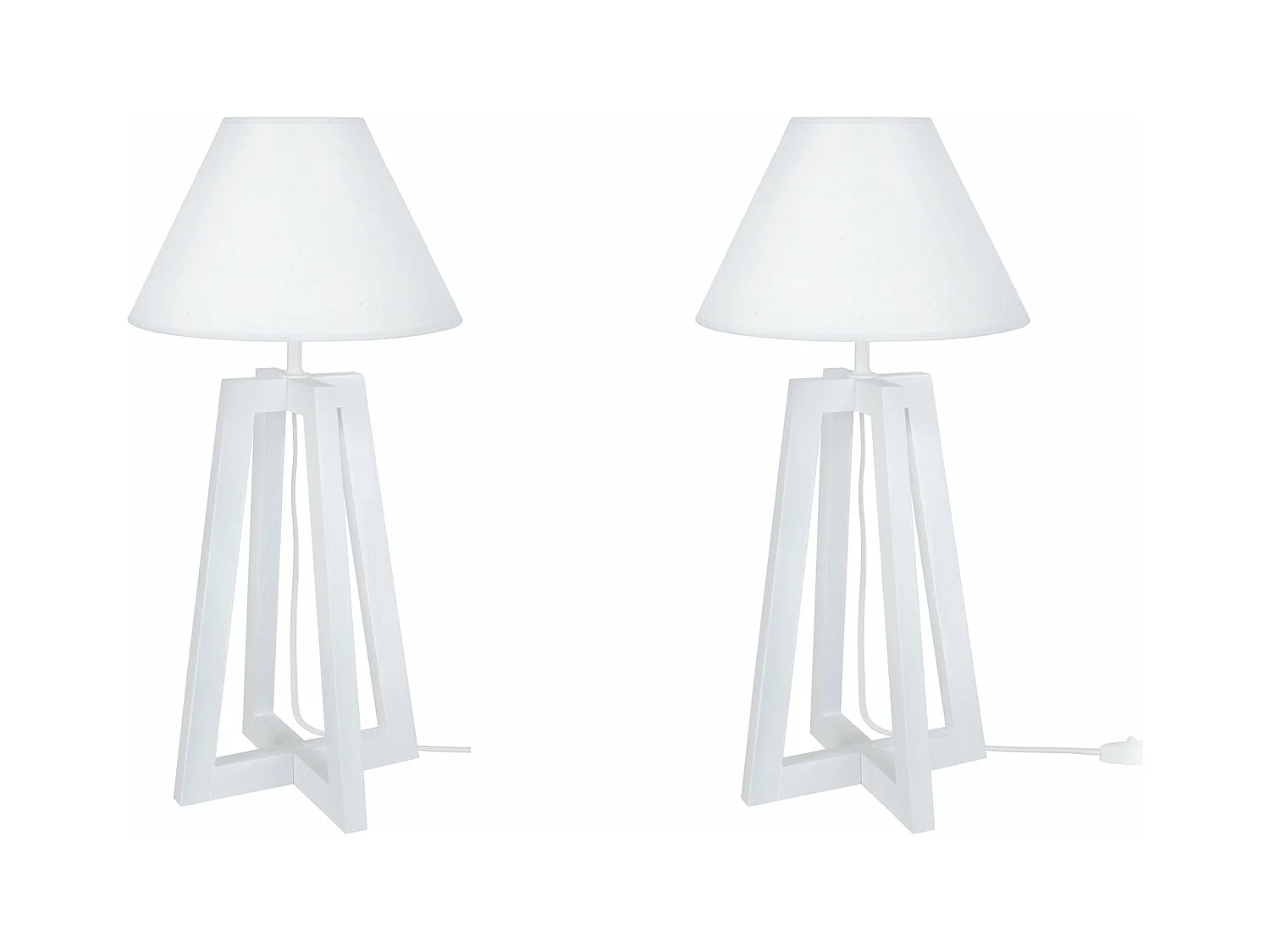 Pair de Lampes de chevet colonne bois  bois, cone blanc 50 cm.
