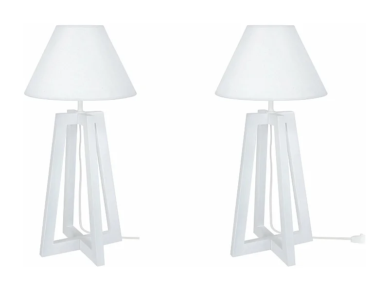 Pair de Lampes de chevet colonne bois  bois, cone blanc 50 cm.