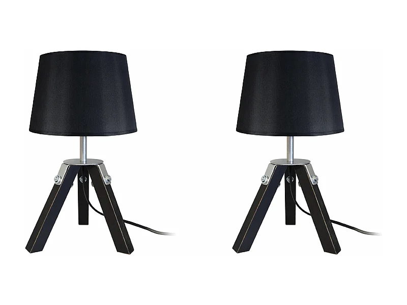 Pair de Lampes de chevet trépied, bois  naturel,aluminium,noir 30 cm.