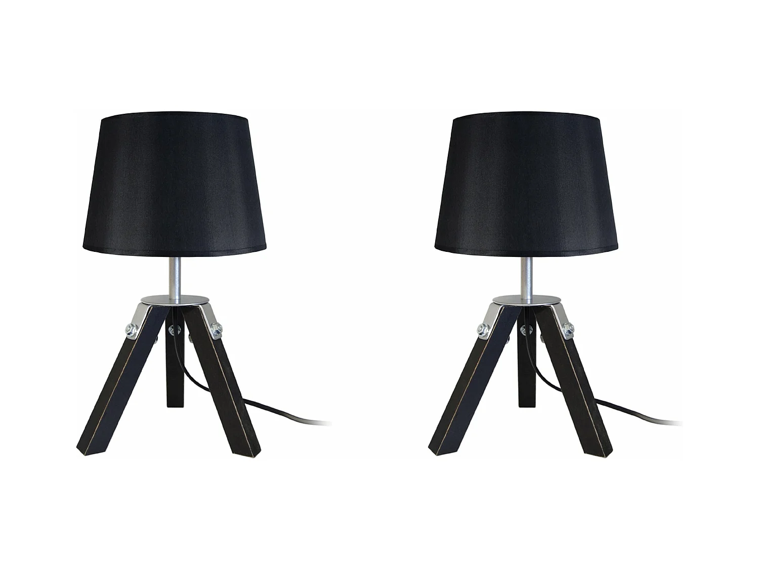 Pair de Lampes de chevet trépied, bois  naturel,aluminium,noir 30 cm.