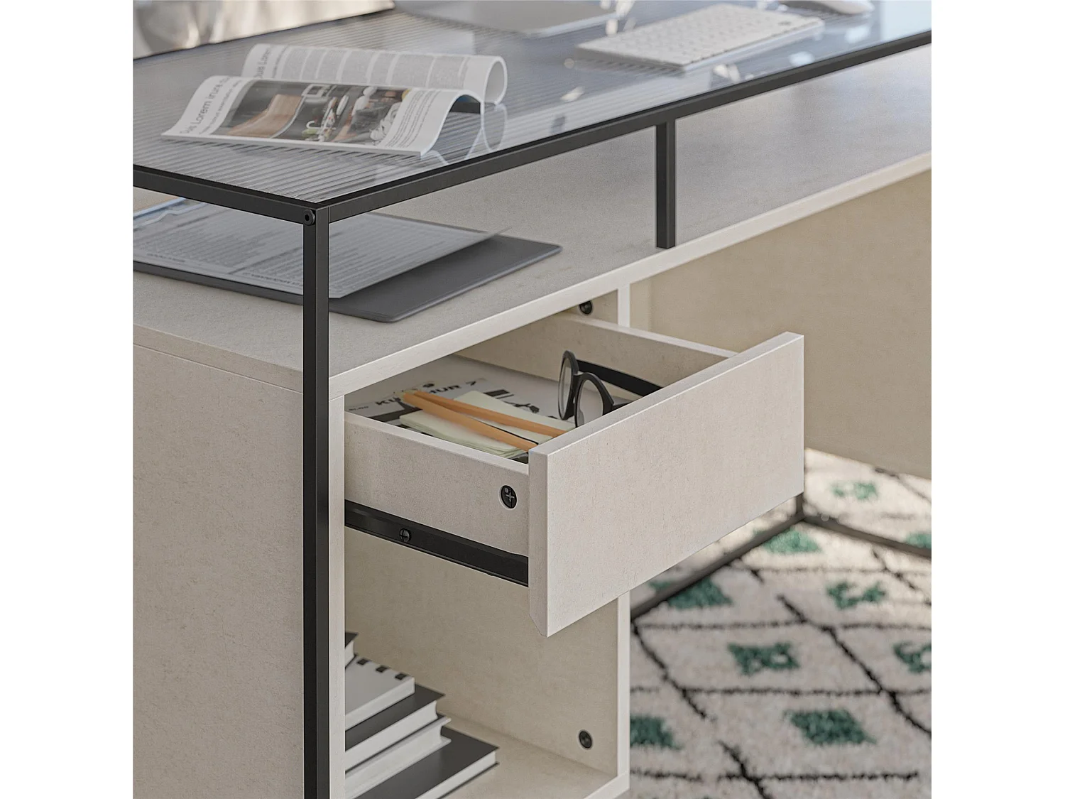 Scrivania con 2 cassetti e contenitore in vetro e base in MDF gesso