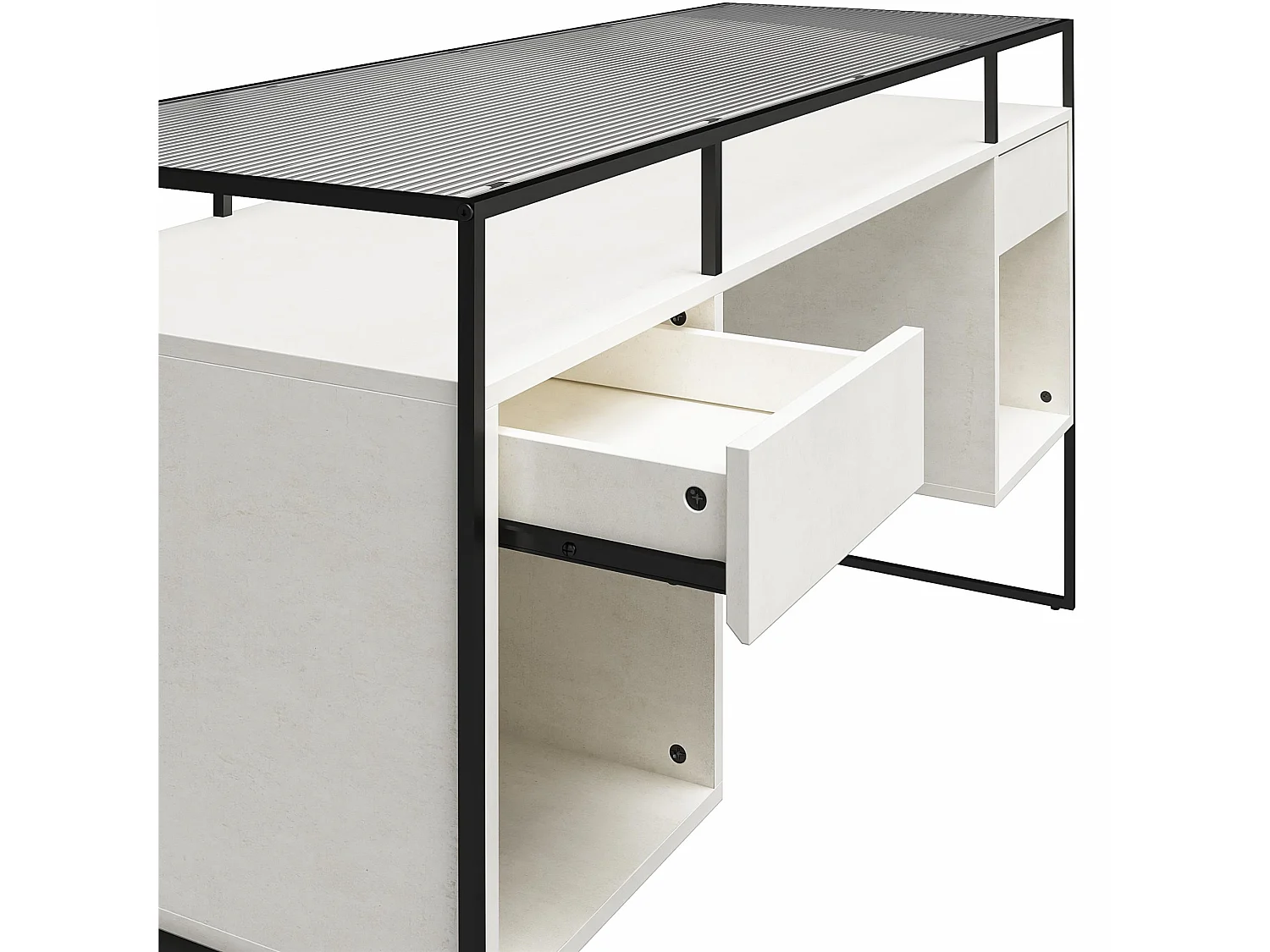 Scrivania con 2 cassetti e contenitore in vetro e base in MDF gesso