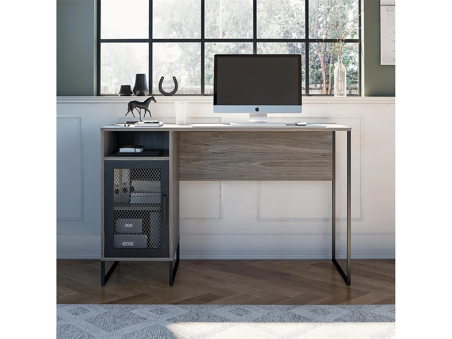 Purdue | Bureau ordinateur caisson 1 porte en MDF chêne gris