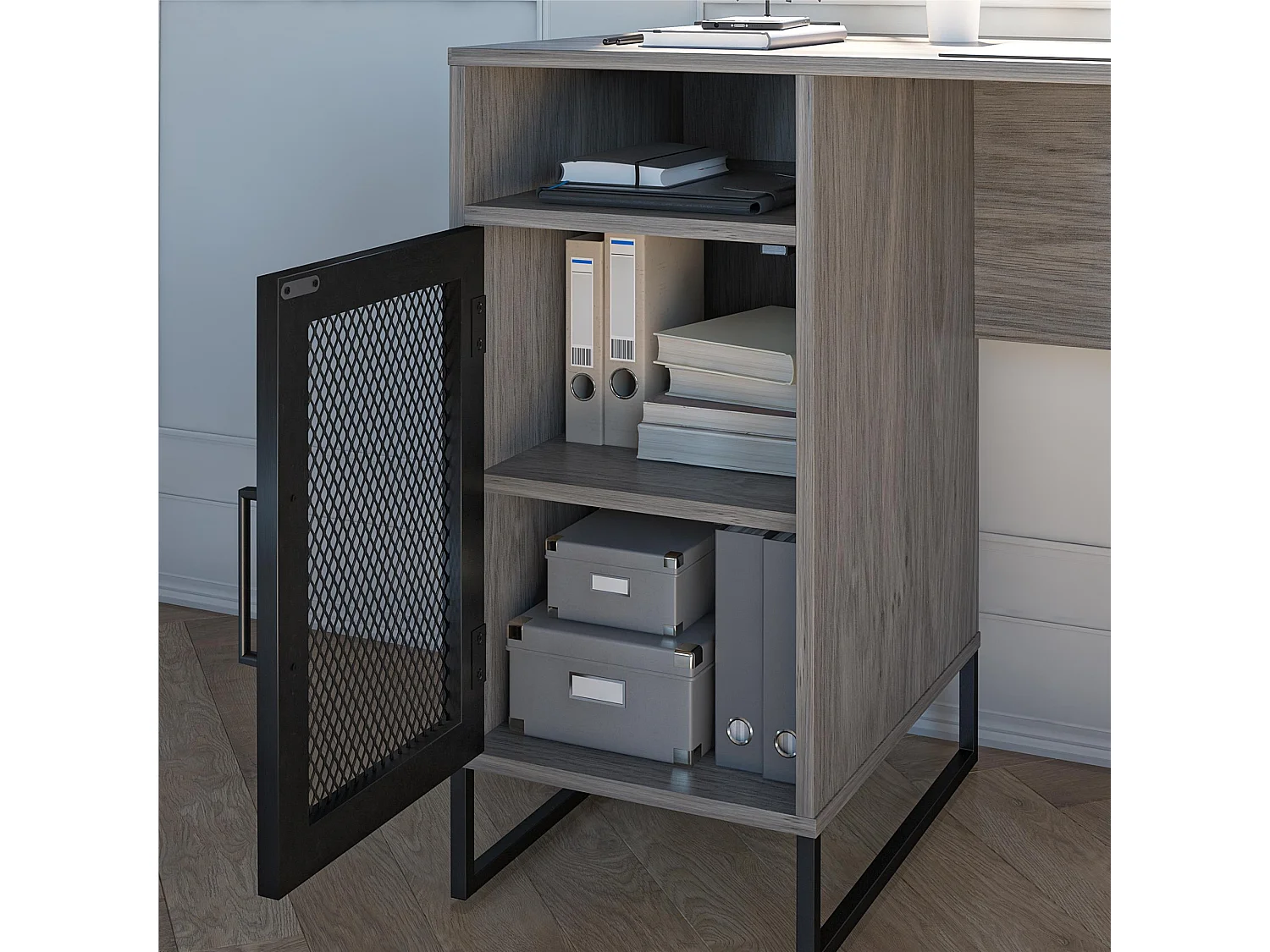 Purdue | Bureau ordinateur caisson 1 porte en MDF chêne gris