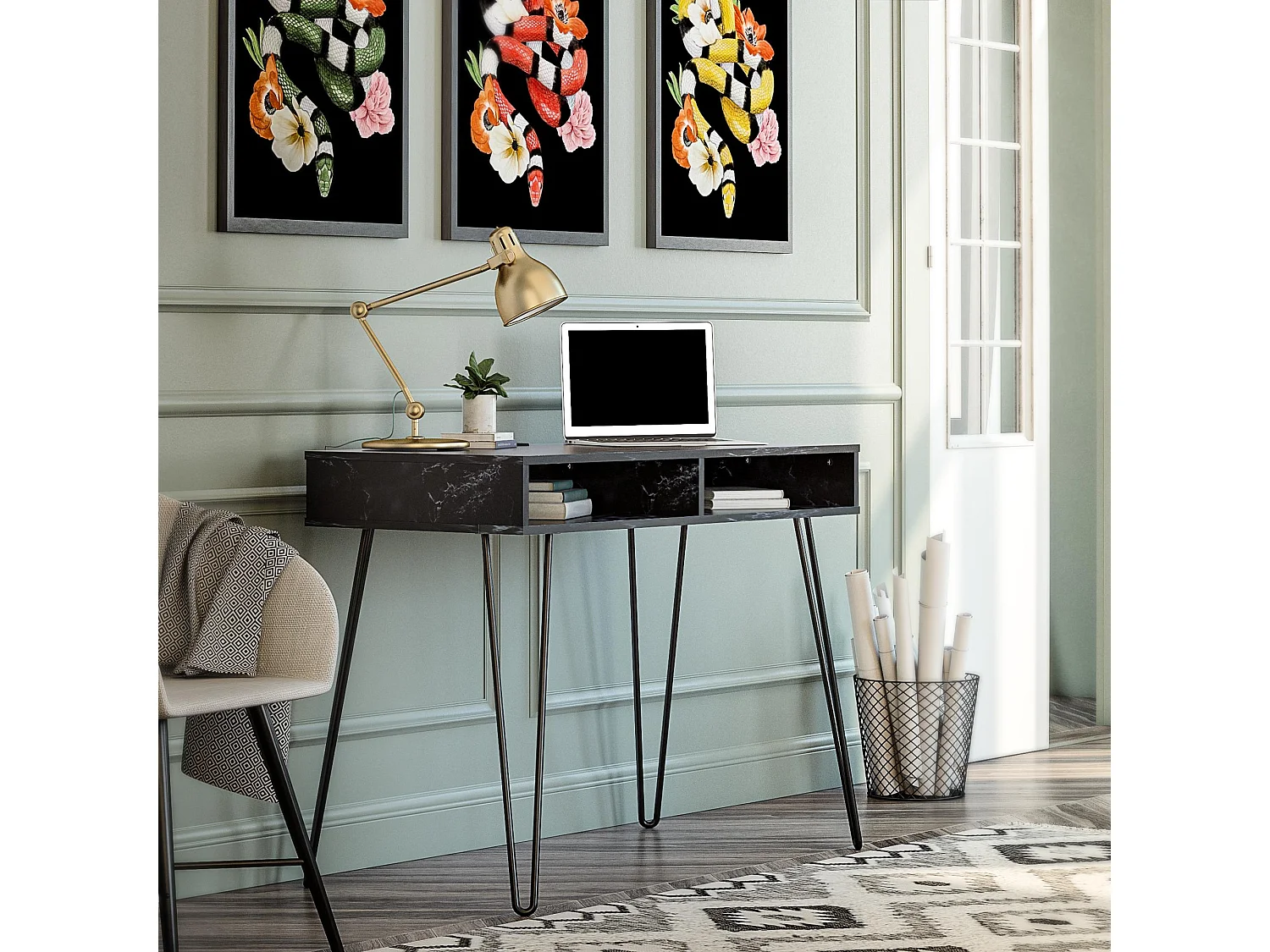 Athena | Secretária de Computador com 2 compartimentos em Mármore Preto