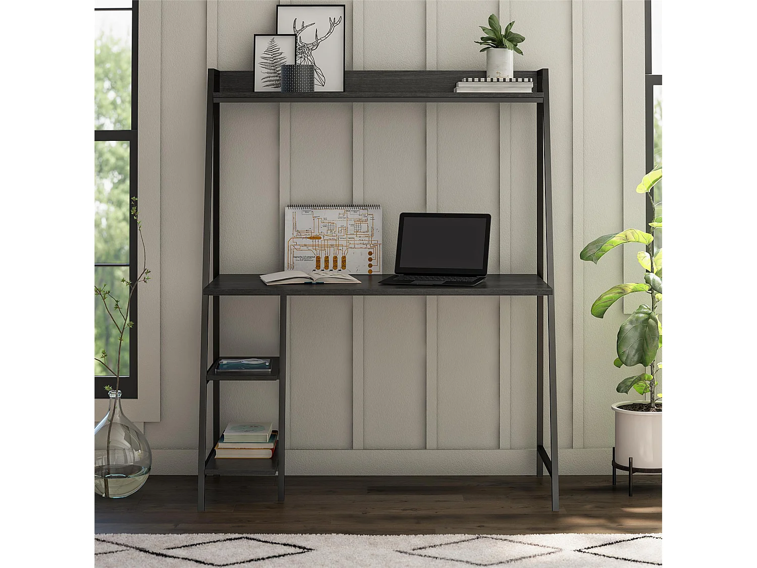 Escritorio en aglomerado roble negro y estructura en metal negro