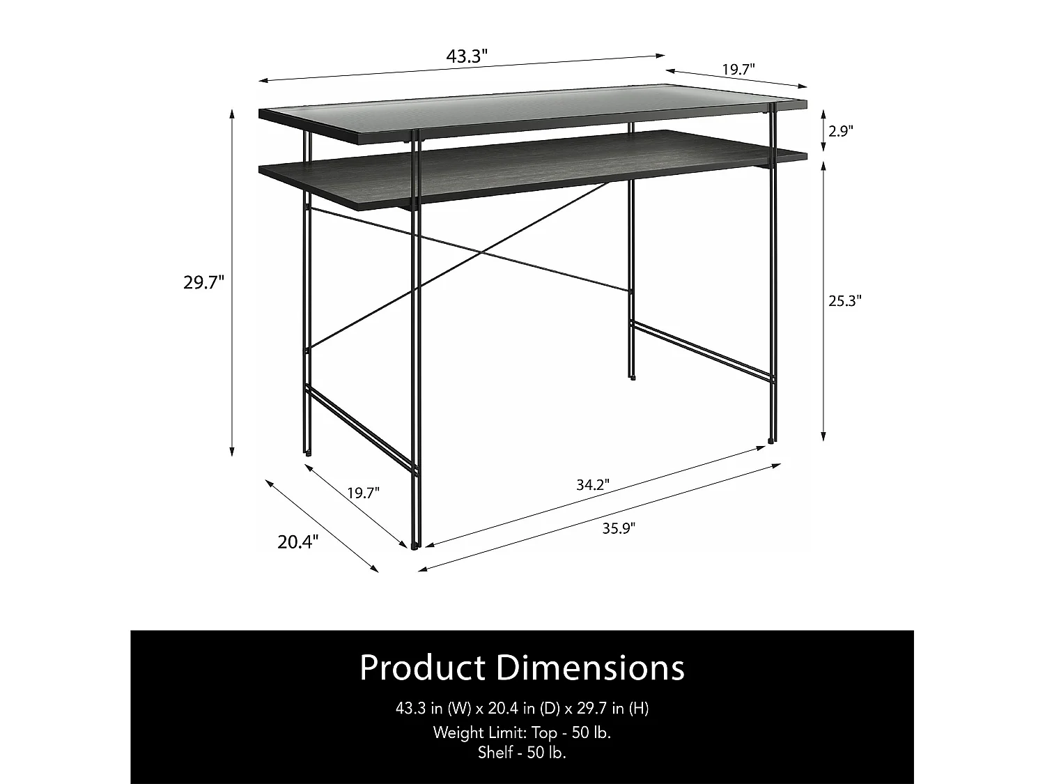 Wainwright | Escritorio de cristal transparente con estructura de metal negro
