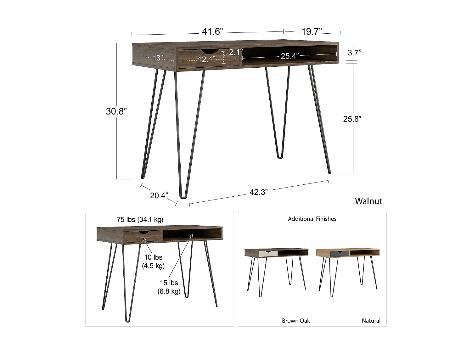 Concord | Bureau avec 1 tiroir en effet noyer