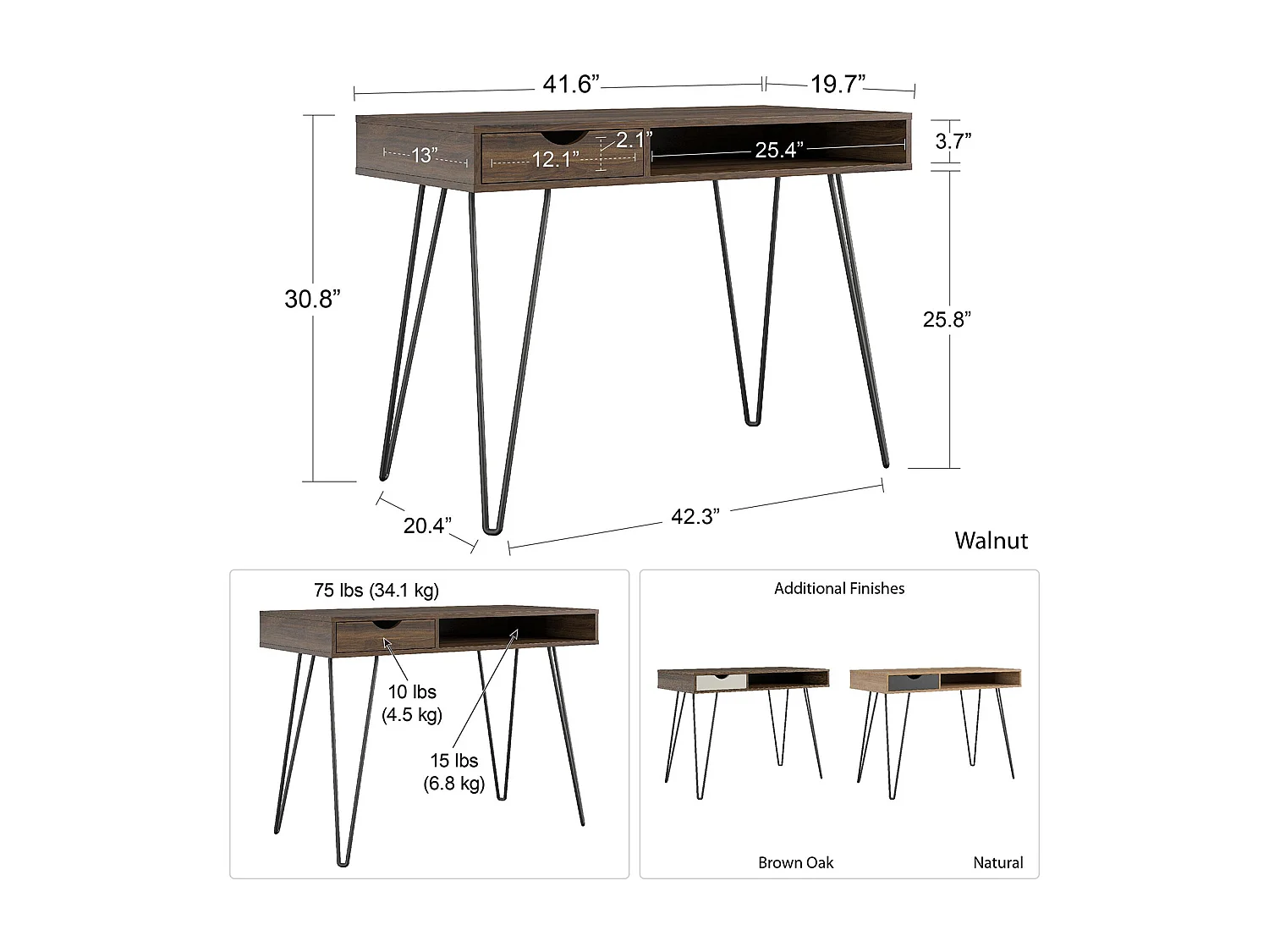 Concord | Bureau avec 1 tiroir en effet noyer