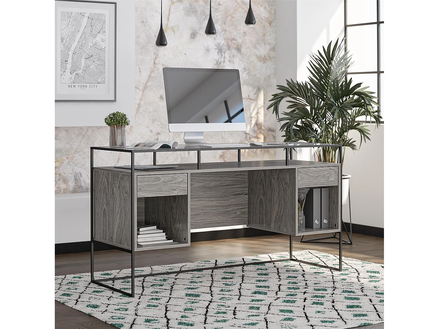 Scrivania con 2 cassetti e contenitore in vetro e base in MDF rovere