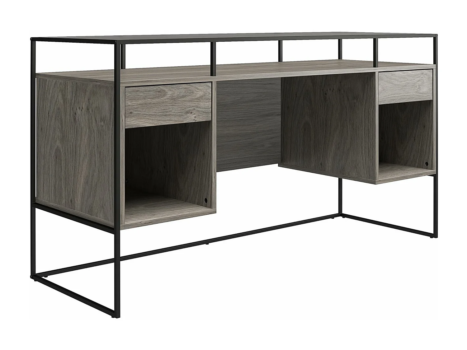 Scrivania con 2 cassetti e contenitore in vetro e base in MDF rovere