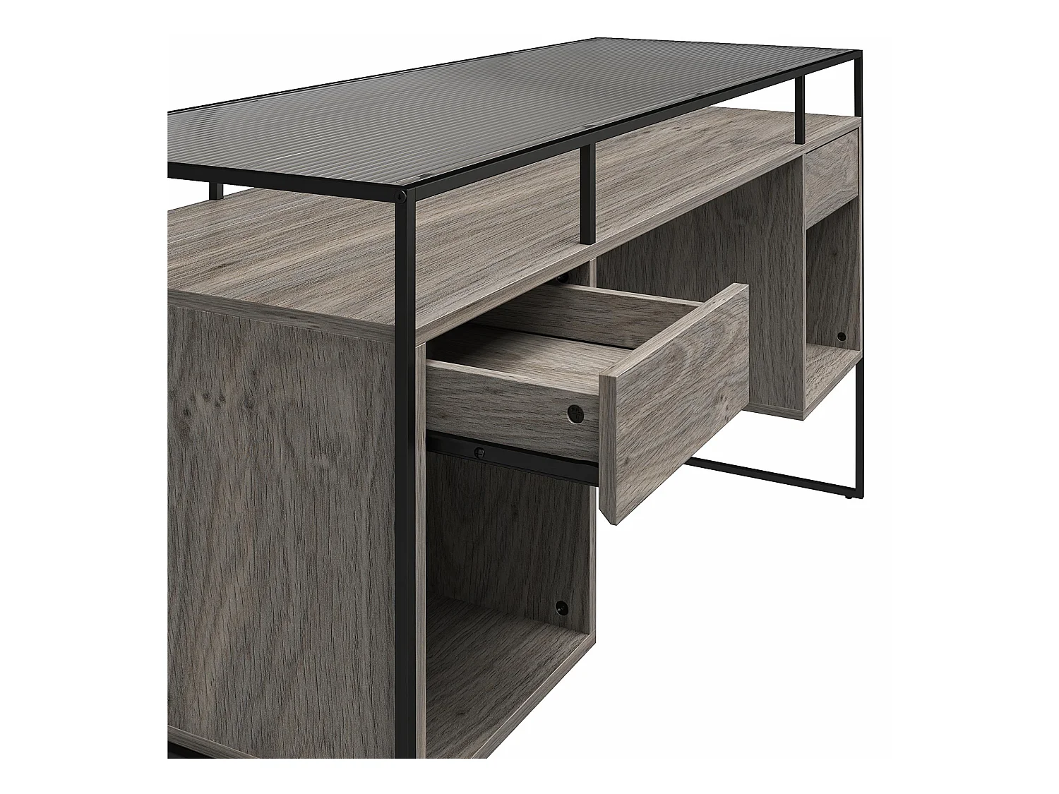 Scrivania con 2 cassetti e contenitore in vetro e base in MDF rovere