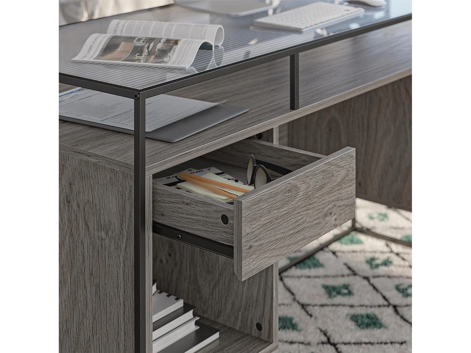 Scrivania con 2 cassetti e contenitore in vetro e base in MDF rovere