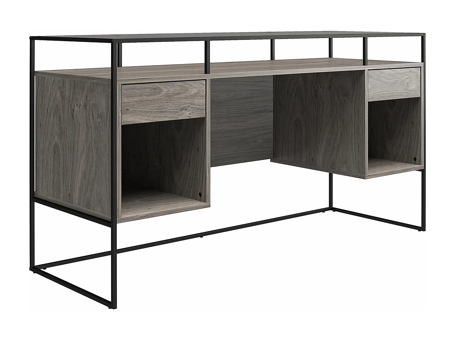 Schreibtisch mit 2 Schubladen und Stauraum aus Glas mit Unterteil aus MDF in Eiche, grau