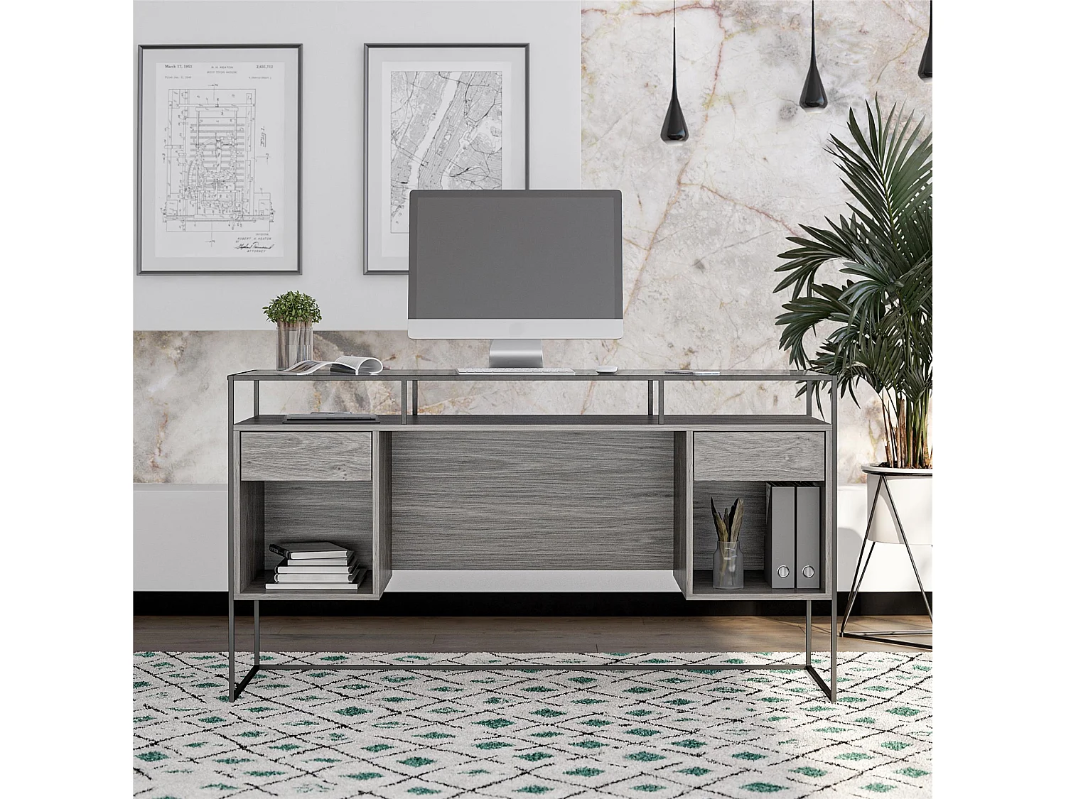 Schreibtisch mit 2 Schubladen und Stauraum aus Glas mit Unterteil aus MDF in Eiche, grau