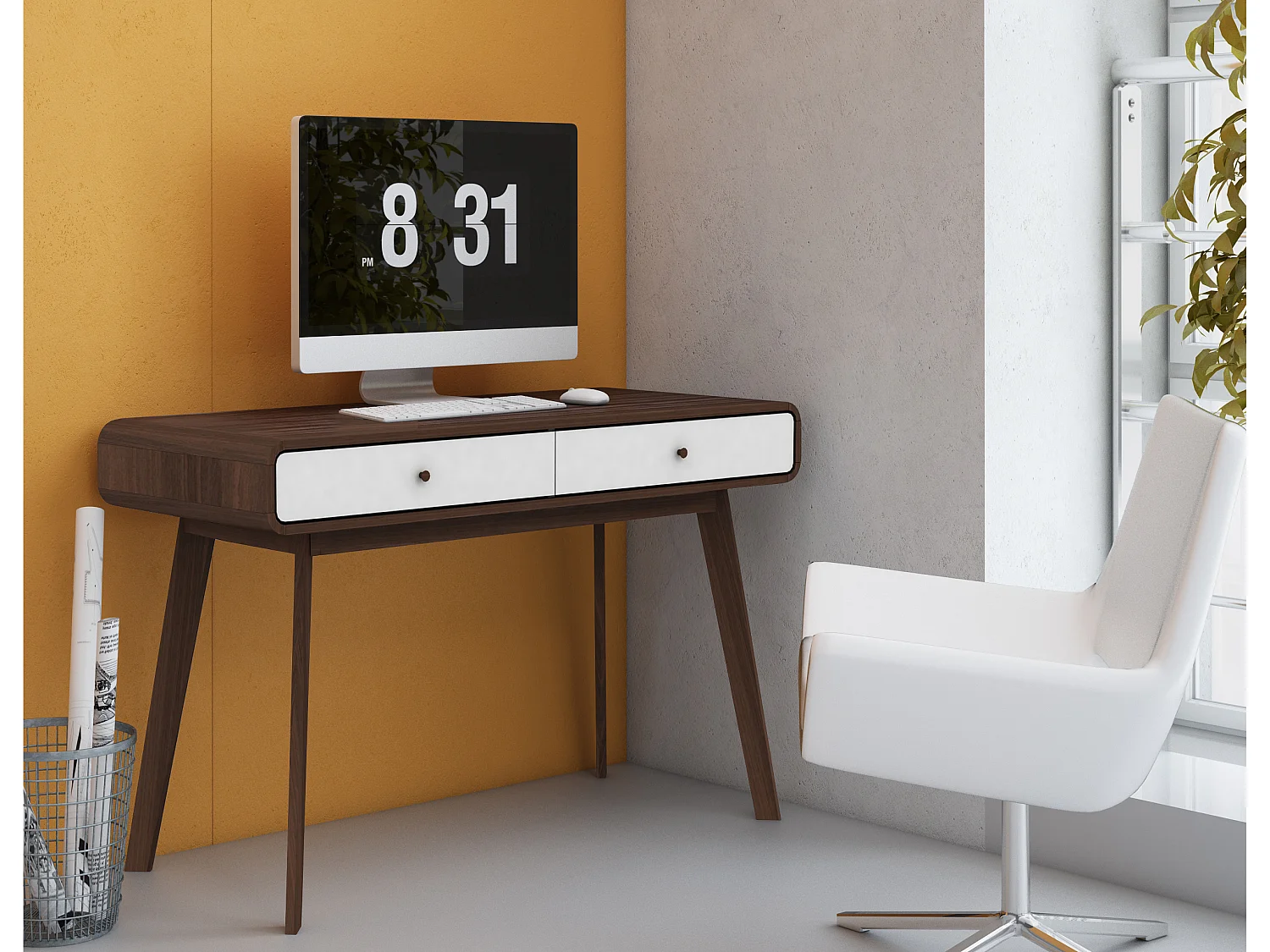 Cassie | Bureau avec 2 tiroirs en effet noyer et blanc