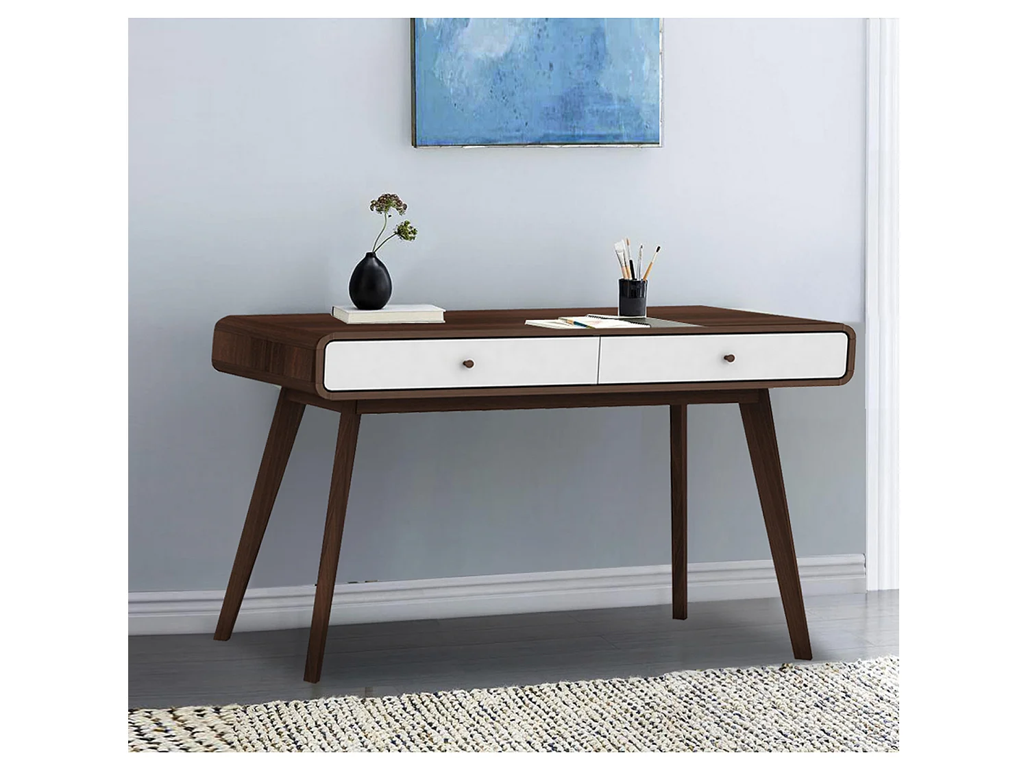 Cassie | Bureau avec 2 tiroirs en effet noyer et blanc