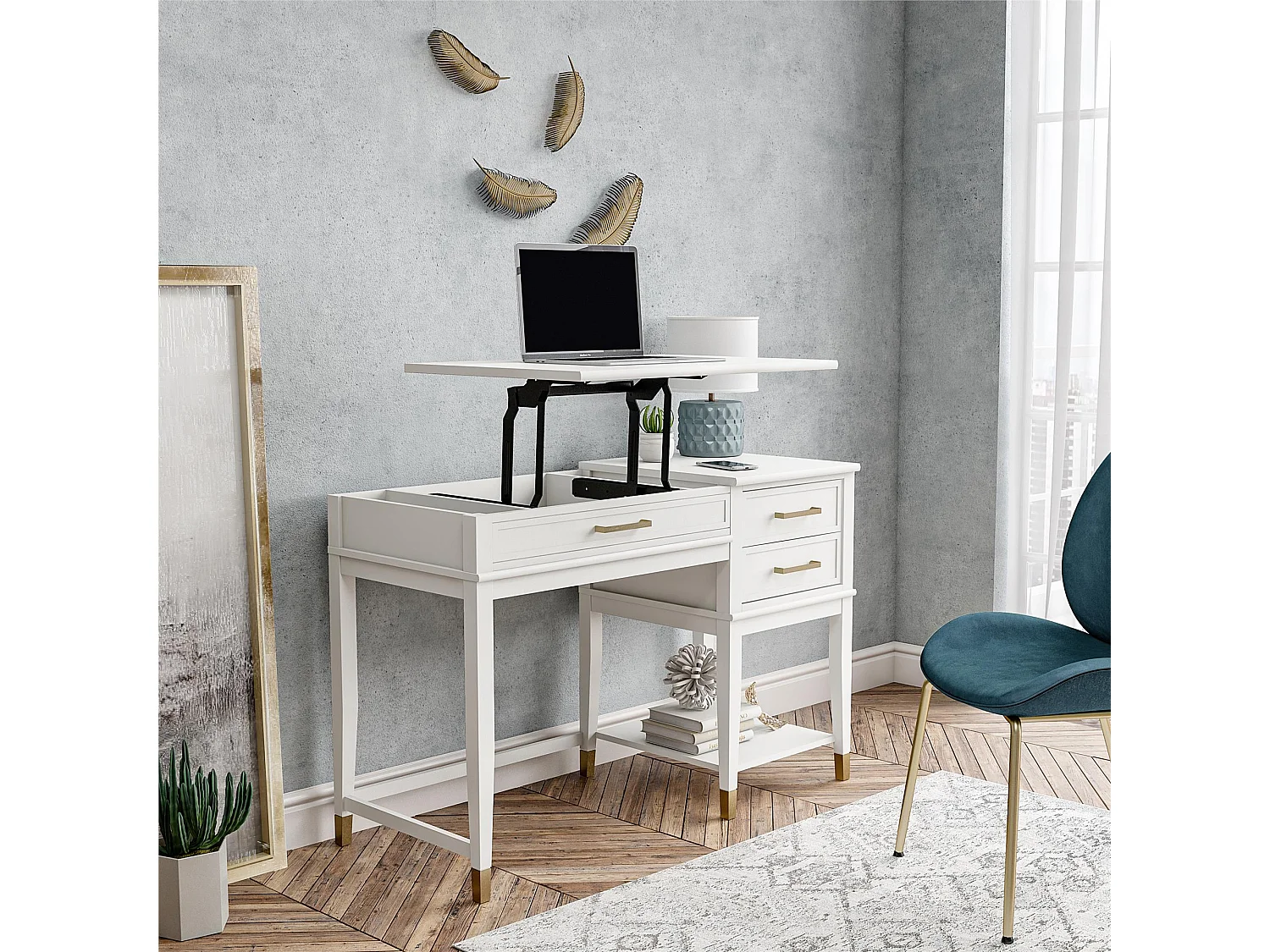 Westerleigh | Bureau avec plateau élévateur en mélaminé blanc