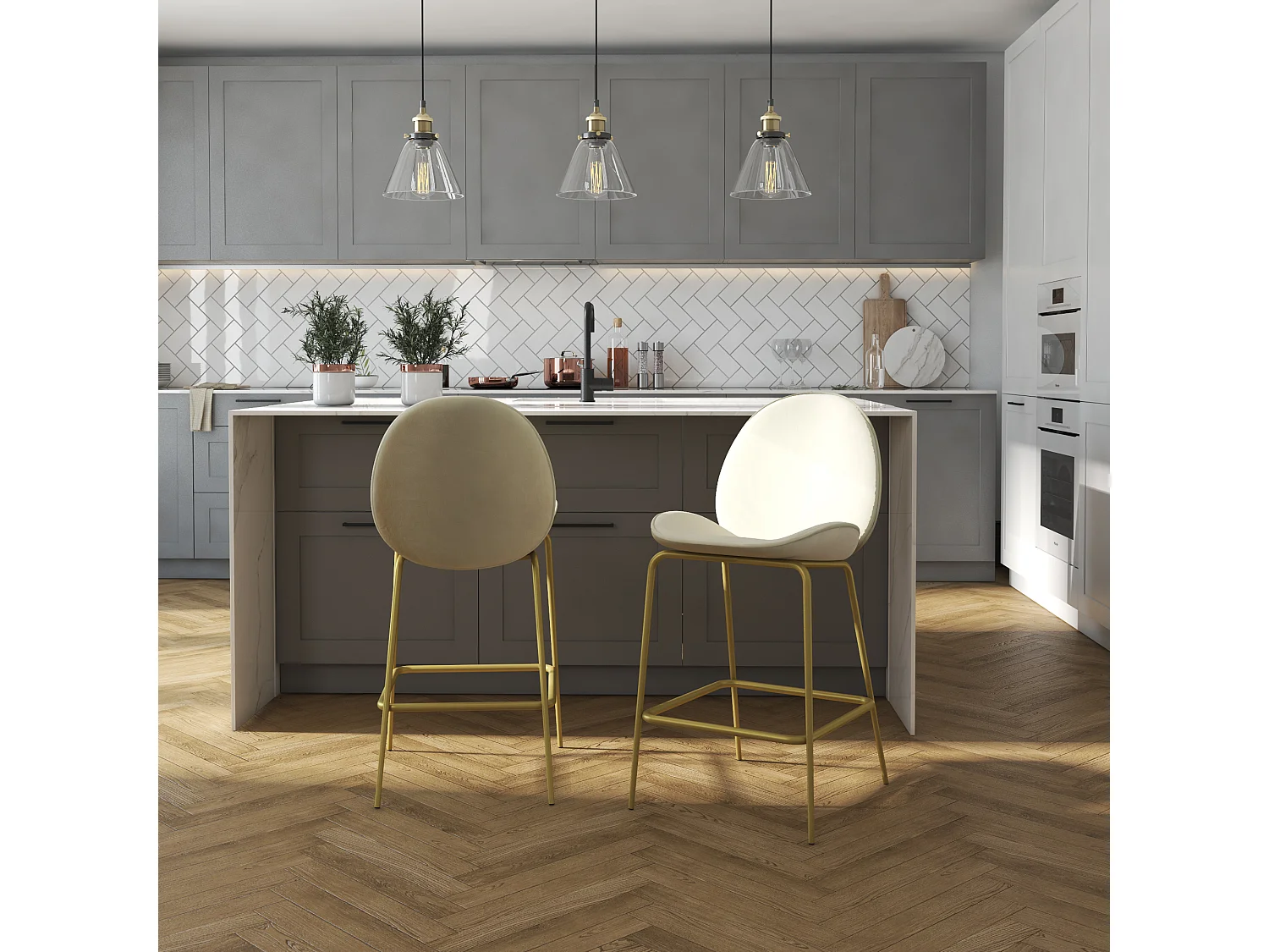 Astor | Tabouret de comptoir rembourré en velours ivoire