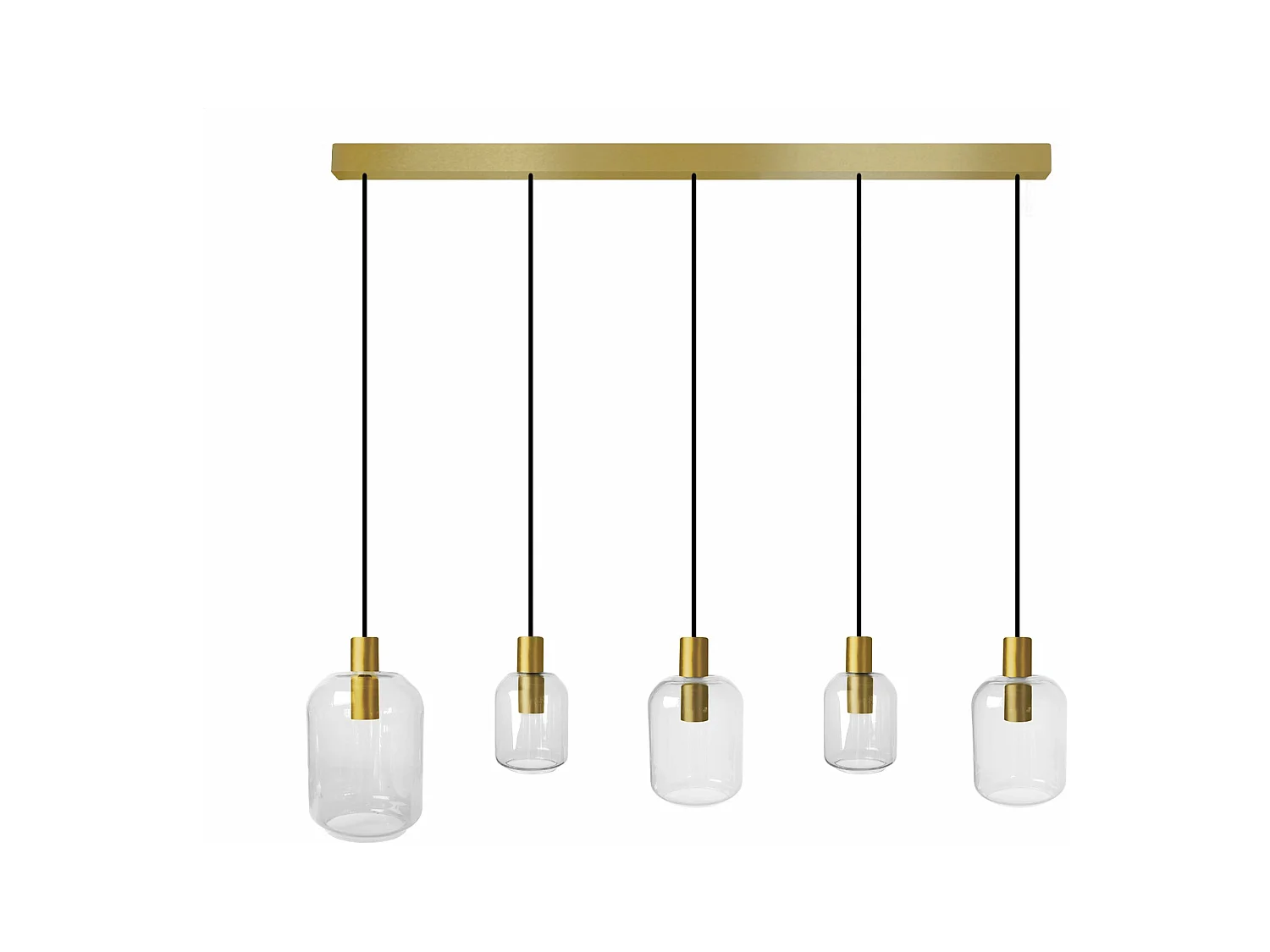 Lustre barre doré 5 pendels verre transparent 100 cm..