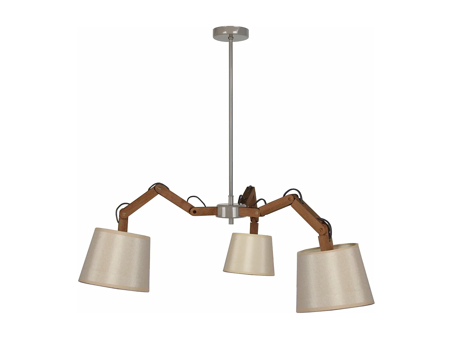 Lustre bras bois  foncé,tambour beige 155 cm.