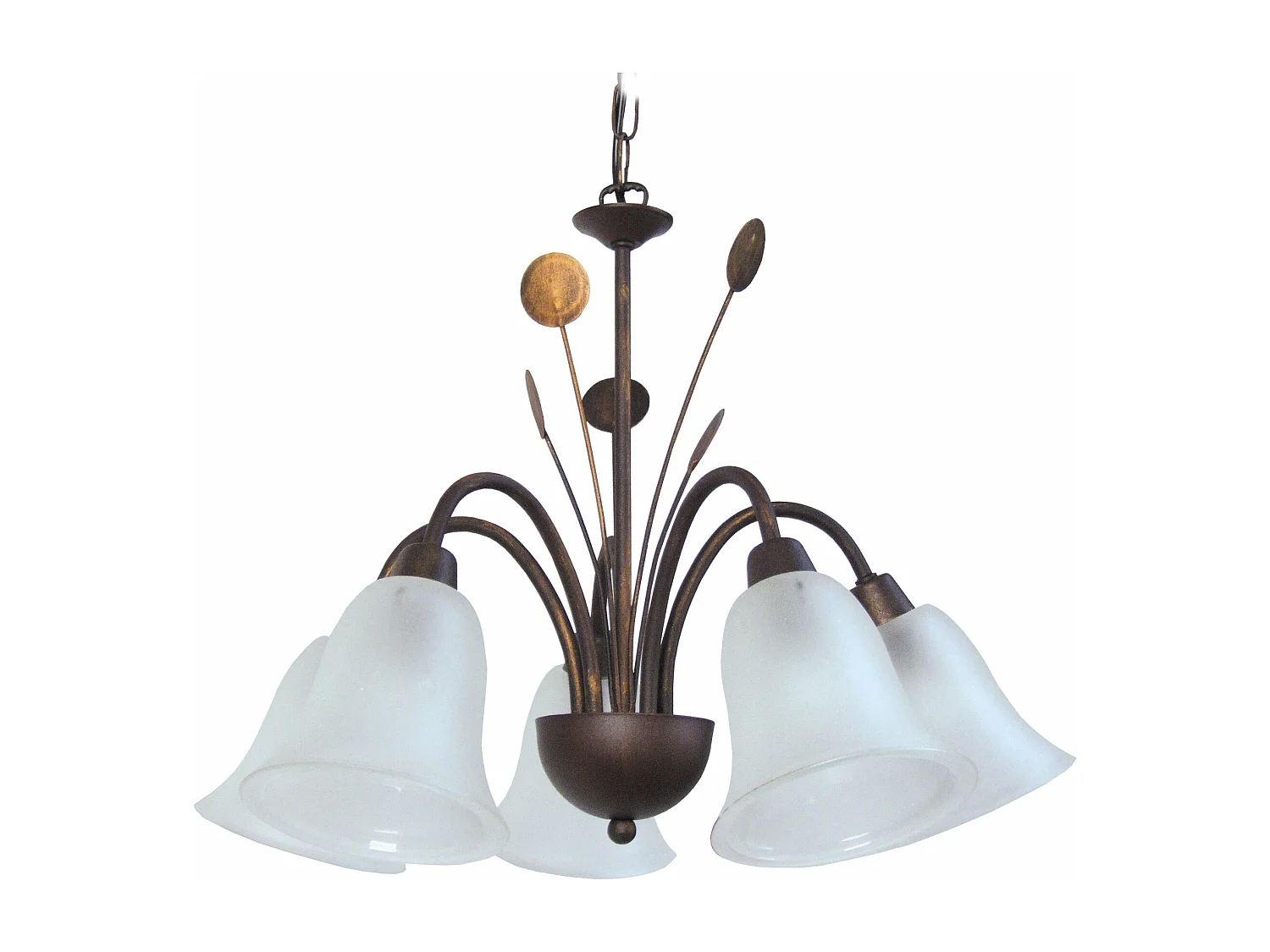 Lustre5 bras métal marron,or verre satiné 70 cm.