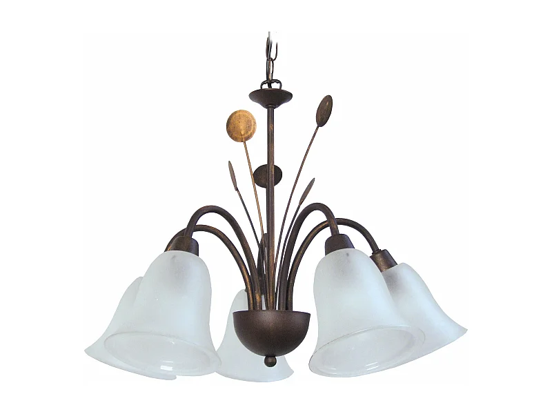 Lustre5 bras métal marron,or verre satiné 70 cm.