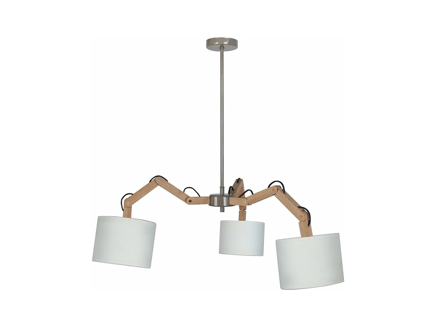 Lustre bras bois  naturel,cylindre écru 155 cm.