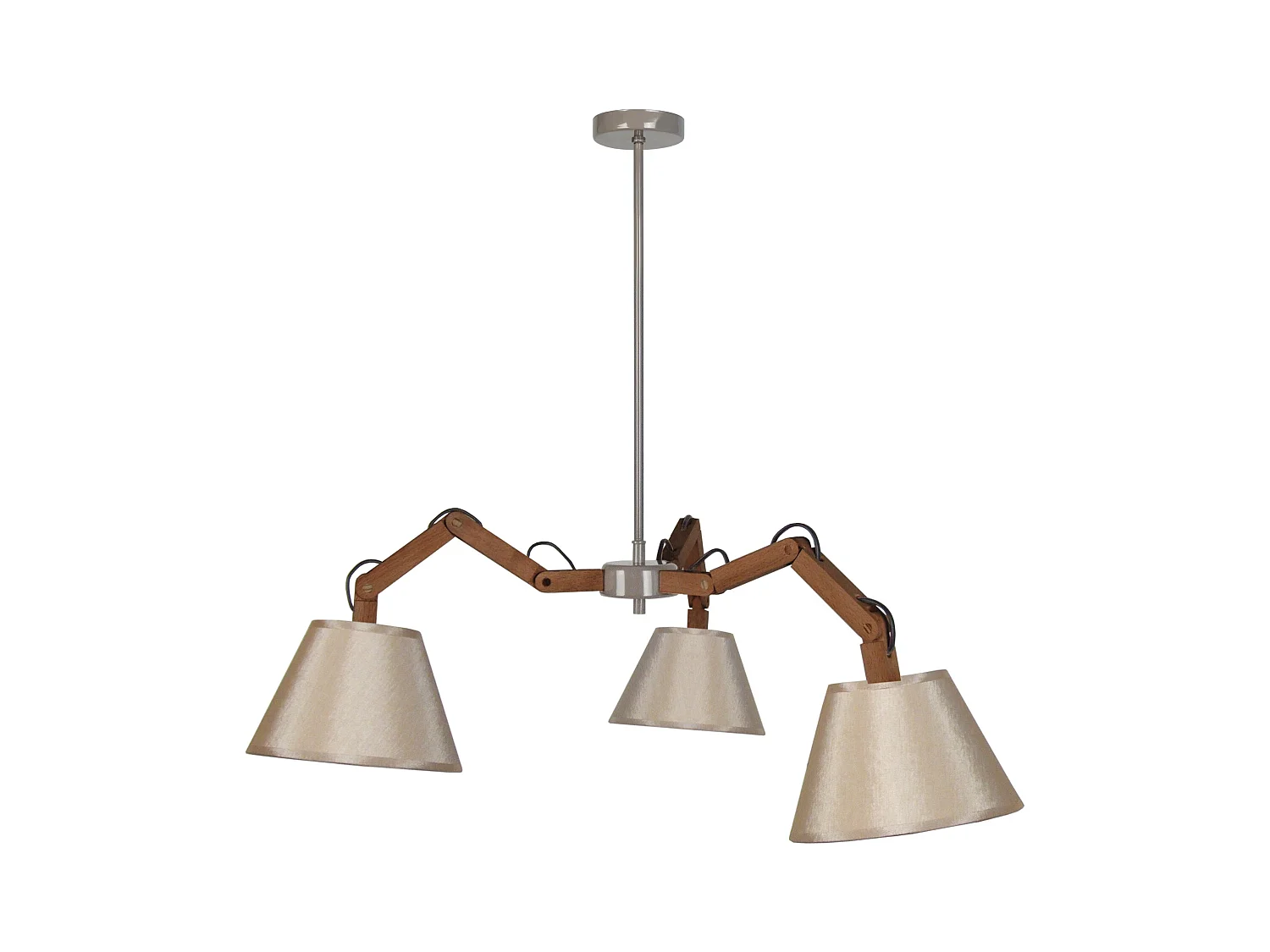 Lustre bras bois  foncé,cone beige 155 cm.
