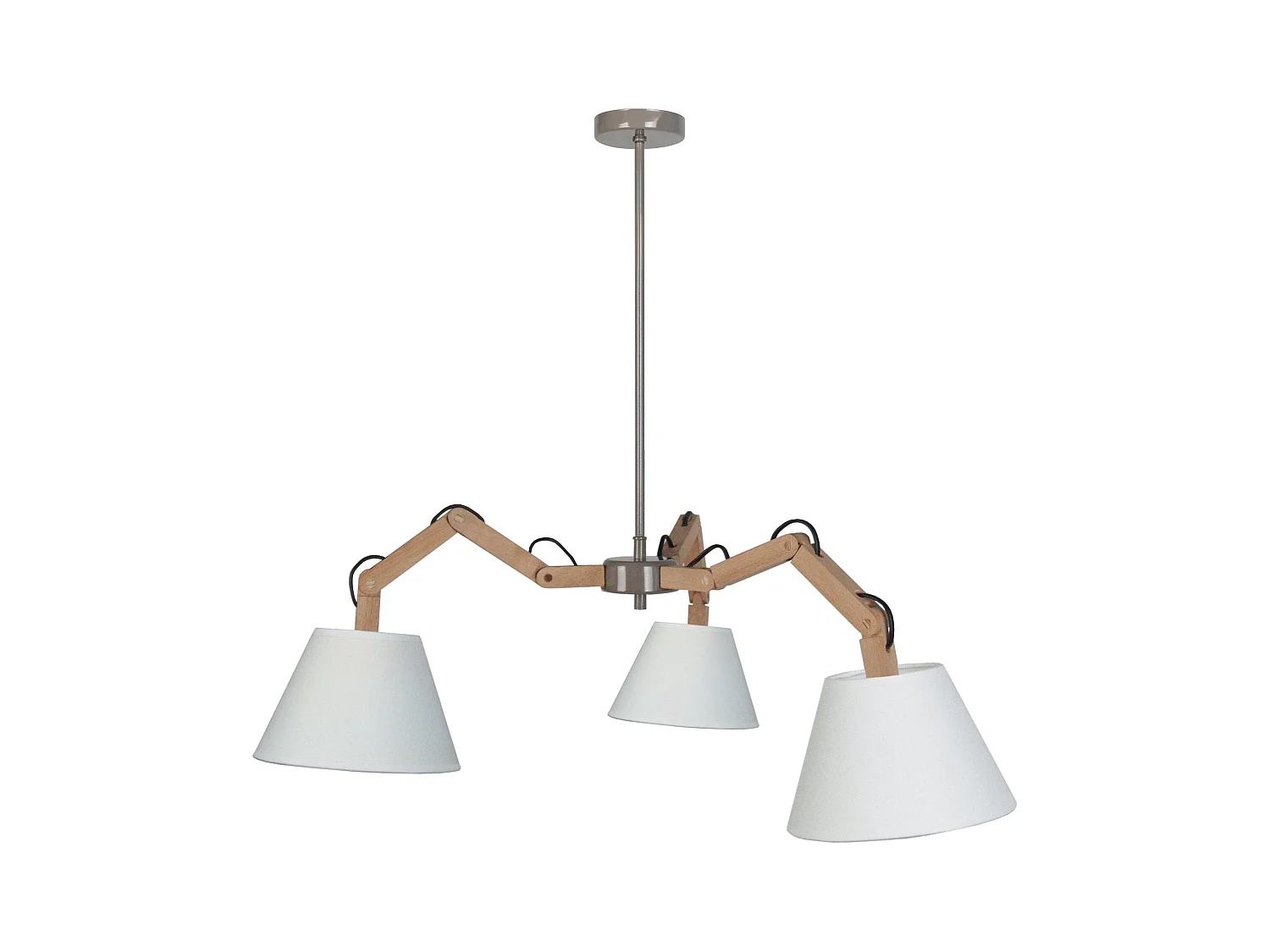 Lustre bras bois  naturel,cone écru 155 cm.