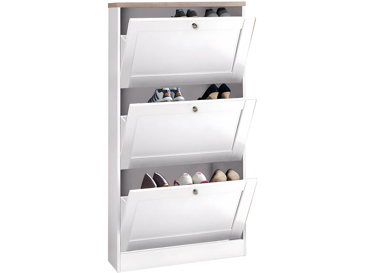 Heide | Coffre à chaussures à 3 portes battantes en effet bois blanc