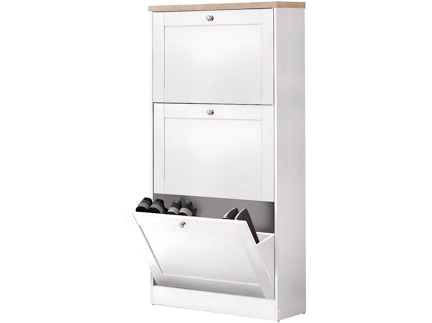 Heide | Coffre à chaussures à 3 portes battantes en effet bois blanc