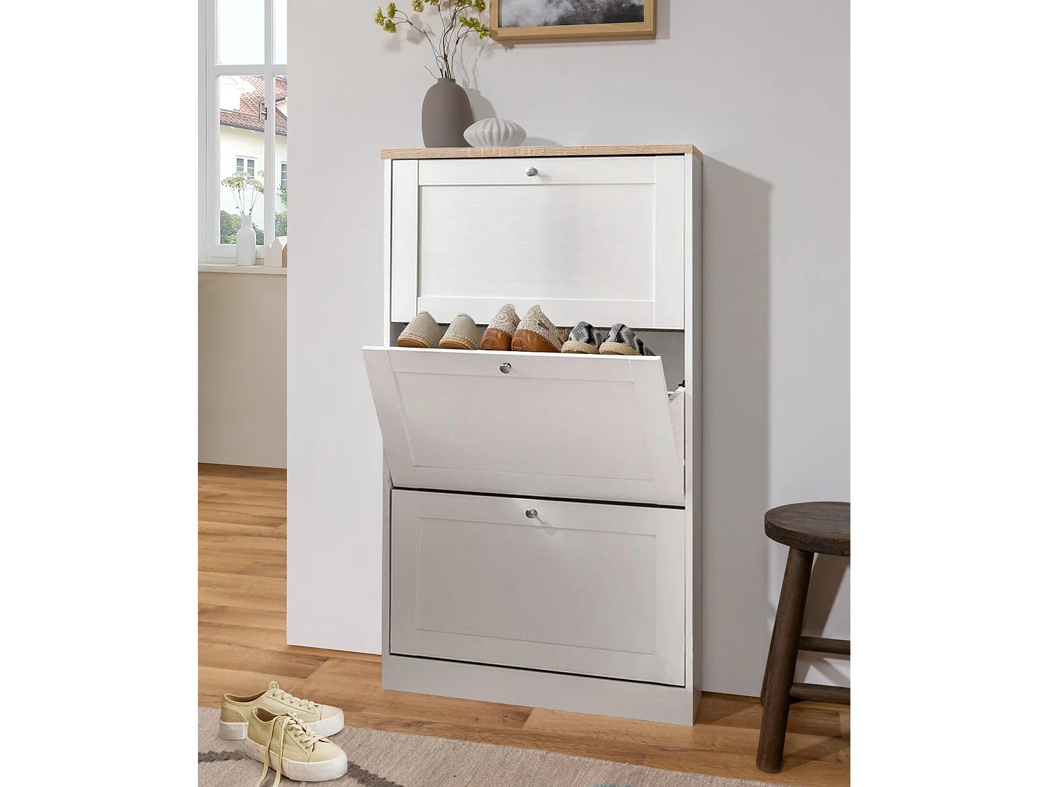 Heide | Coffre à chaussures à 3 portes battantes en effet bois blanc