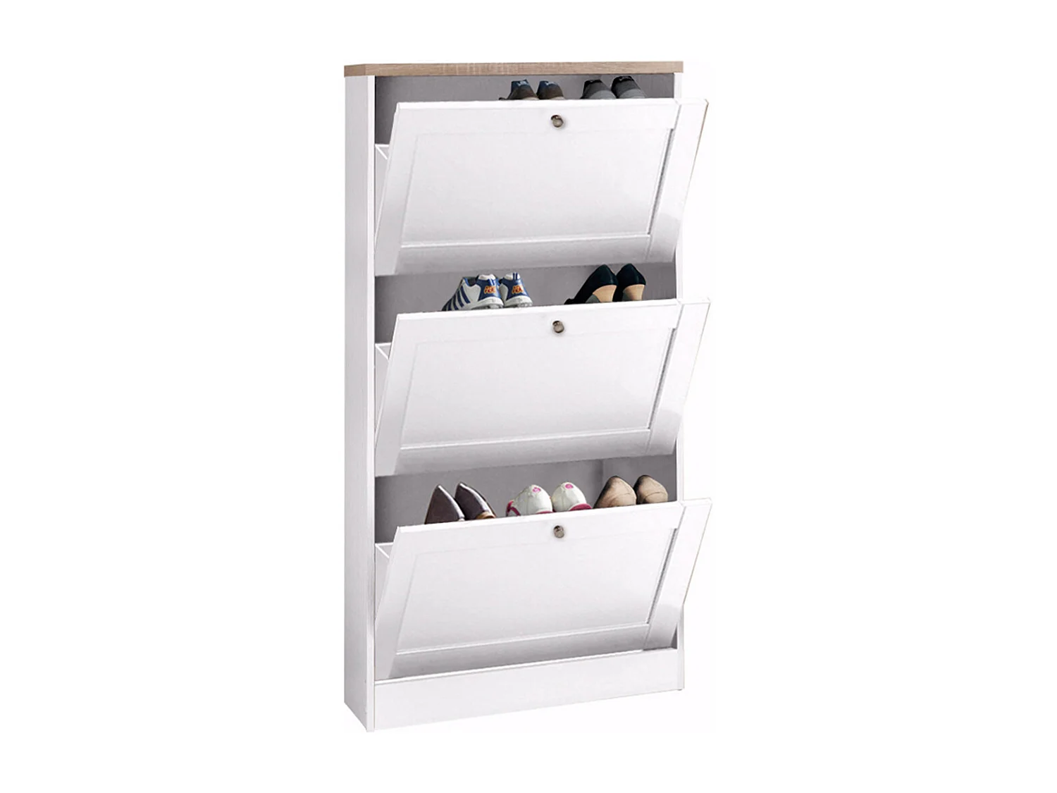 Heide | Coffre à chaussures à 3 portes battantes en effet bois blanc