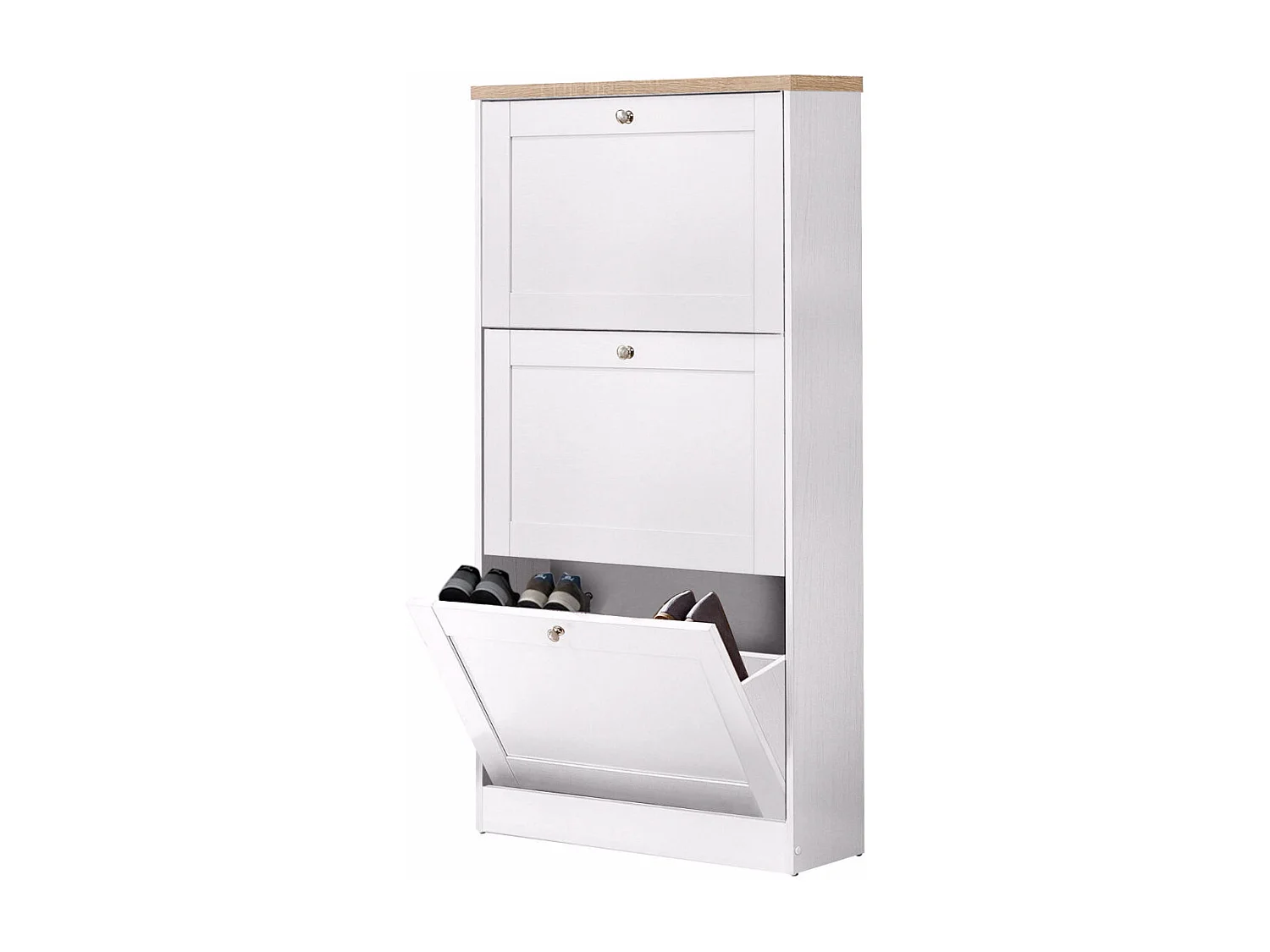 Heide | Coffre à chaussures à 3 portes battantes en effet bois blanc