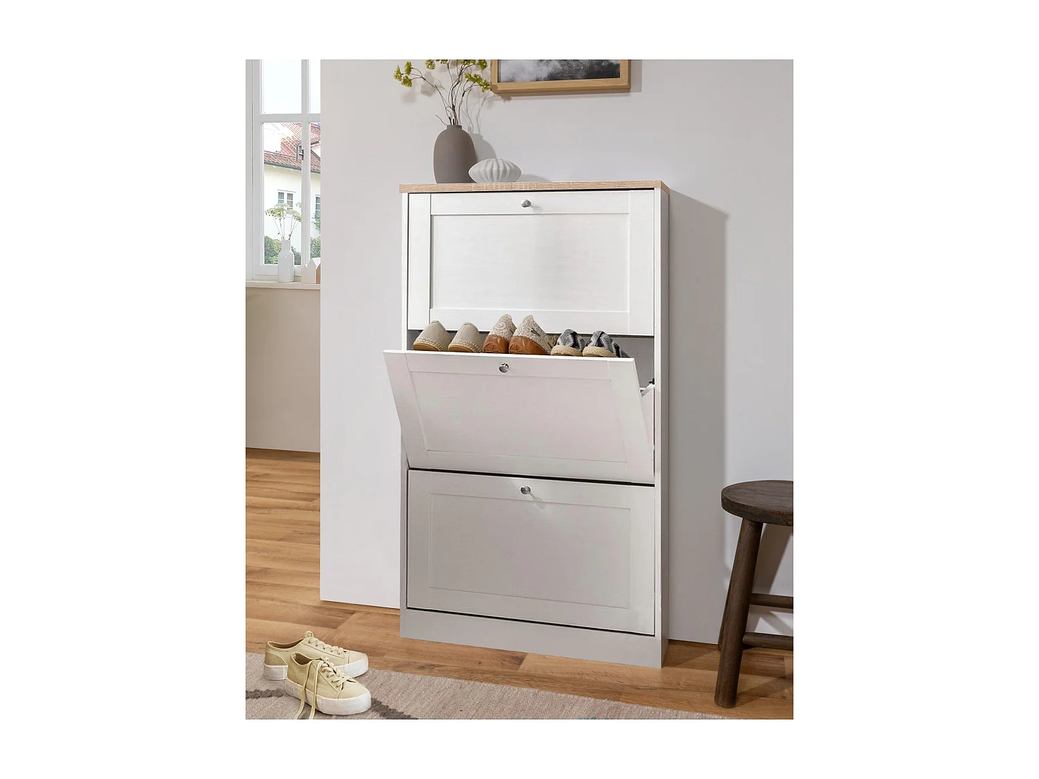 Heide | Coffre à chaussures à 3 portes battantes en effet bois blanc