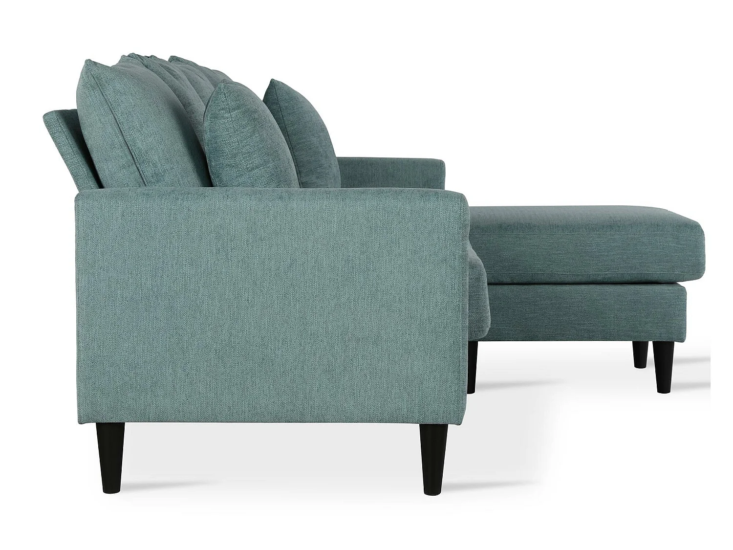 Sofá de 3 lugares com chaise longue em tecido azul-verde com aspeto de linho