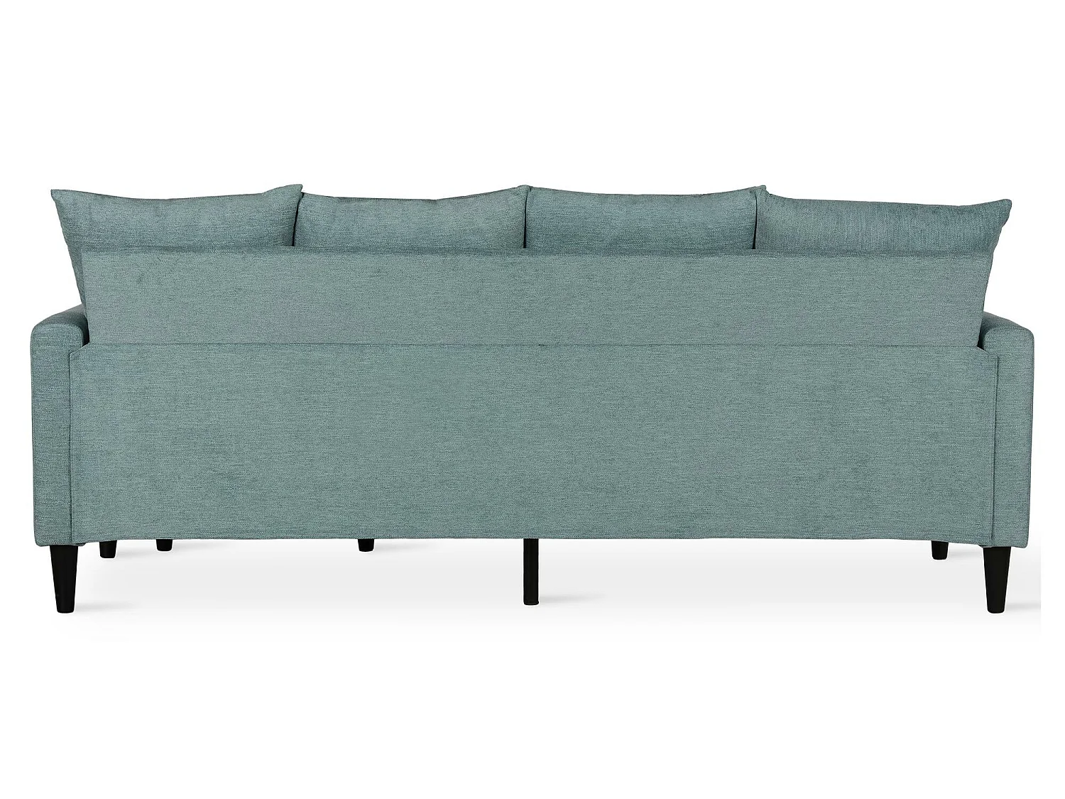 Sofá de 3 lugares com chaise longue em tecido azul-verde com aspeto de linho