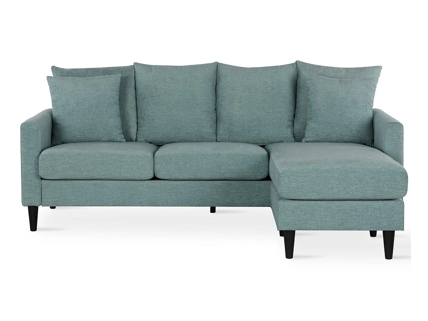 Sofá de 3 lugares com chaise longue em tecido azul-verde com aspeto de linho