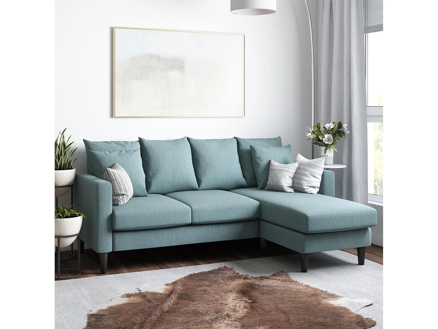 3-Sitzer-Sofa mit Récamiere aus Stoff in Leinenoptik in Blaugrün