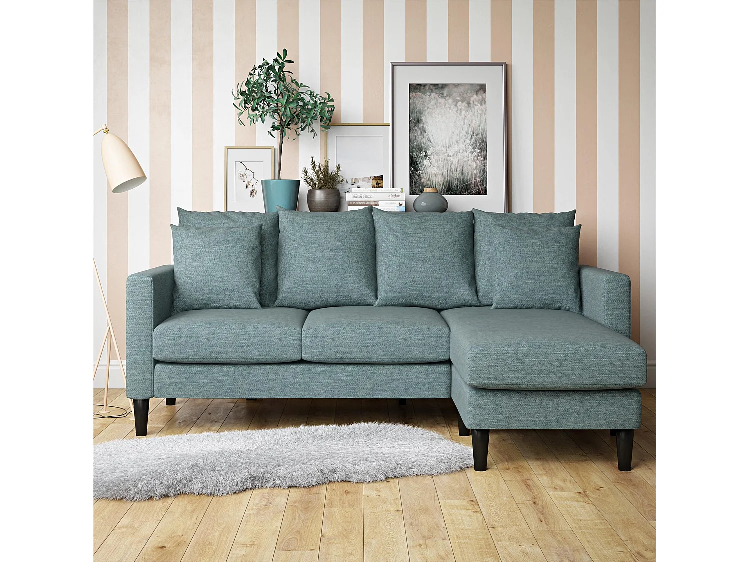 3-Sitzer-Sofa mit Récamiere aus Stoff in Leinenoptik in Blaugrün