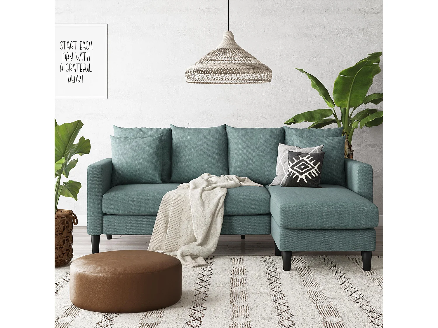 3-Sitzer-Sofa mit Récamiere aus Stoff in Leinenoptik in Blaugrün